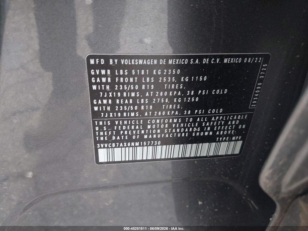 3VVCB7AX6NM157730 2022 VOLKSWAGEN TIGUAN photo no. 9