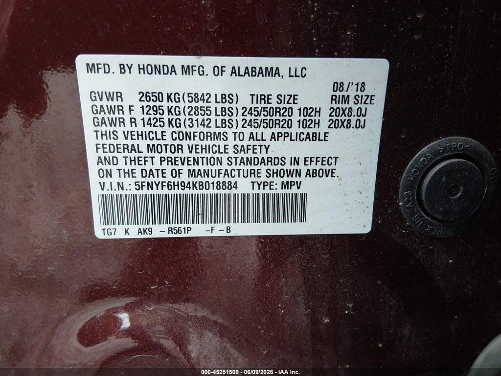 5FNYF6H94KB018884 2019 HONDA PILOT photo no. 9