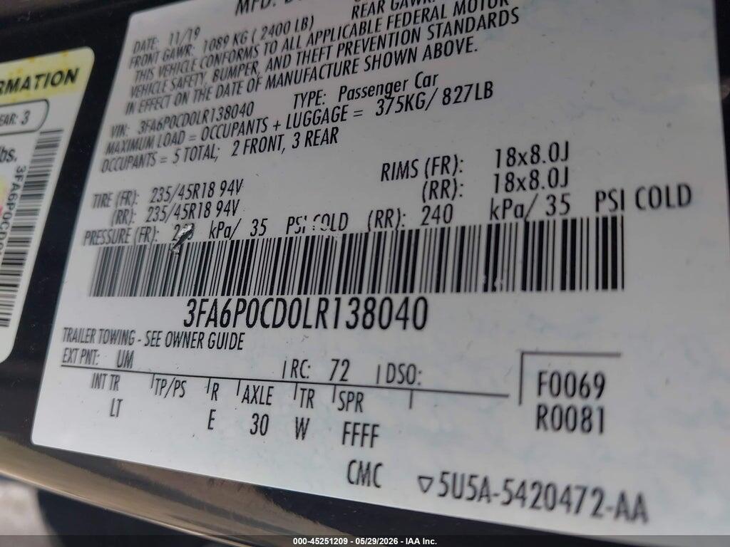 3FA6P0CD0LR138040 2020 FORD FUSION photo no. 9