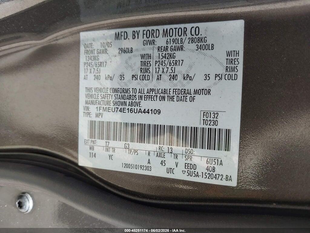 1FMEU74E16UA44109 2006 FORD EXPLORER photo no. 9