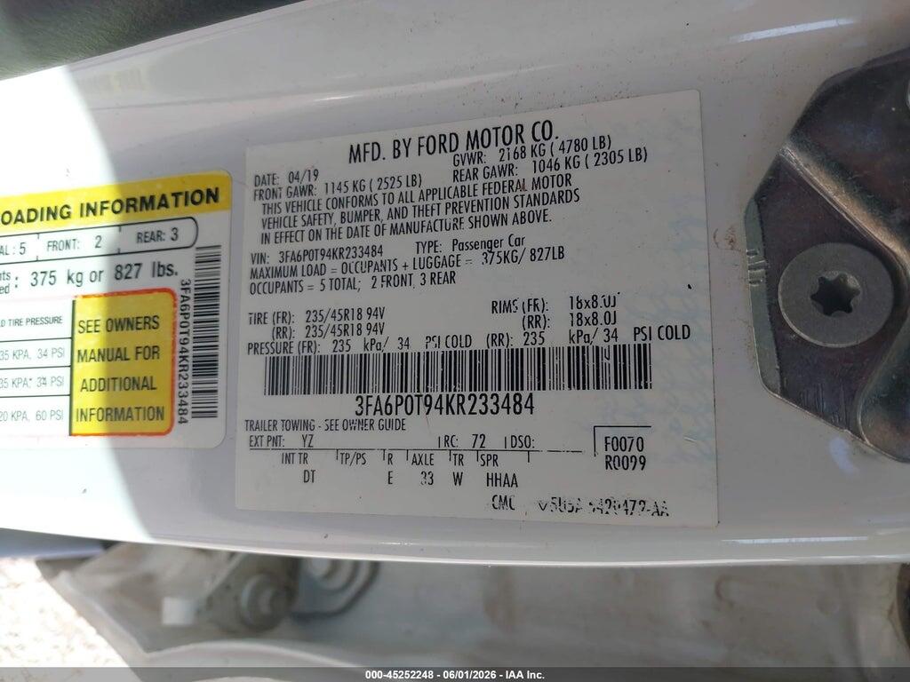 3FA6P0T94KR233484 2019 FORD FUSION photo no. 9