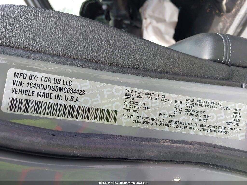 1C4RDJDG0MC634423 2021 DODGE DURANGO photo no. 9