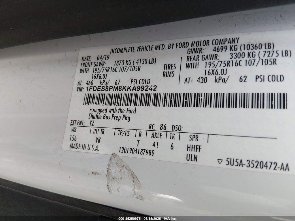 1FDES8PM8KKA99242 2019 FORD TRANSIT-350 CUTAWAY photo no. 8
