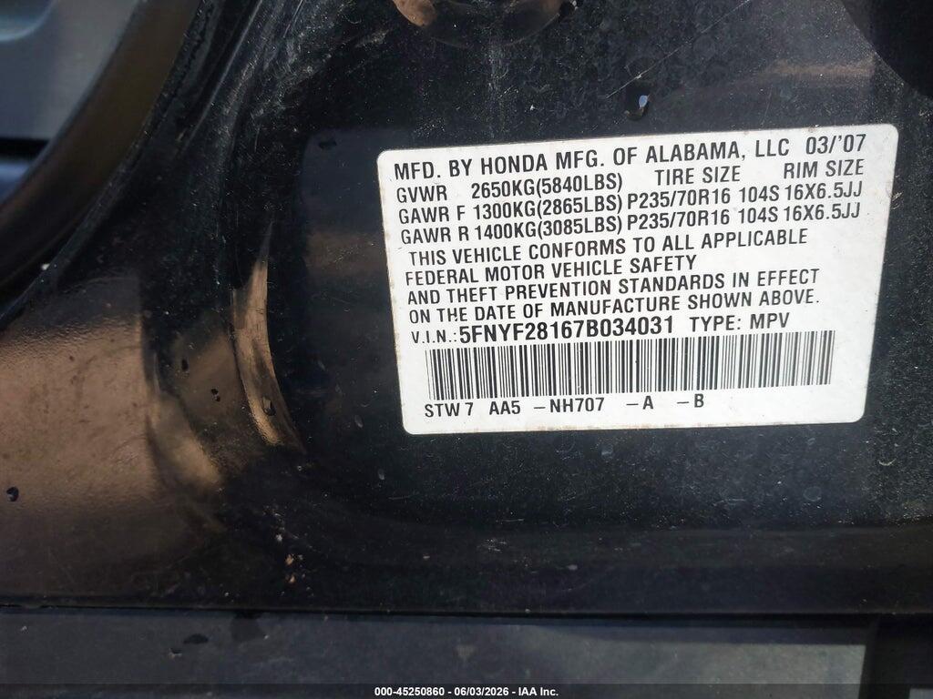 5FNYF28167B034031 2007 HONDA PILOT photo no. 9