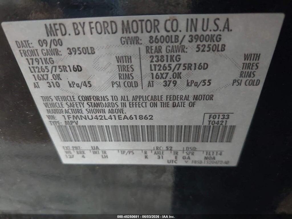 1FMNU42L41EA61862 2001 FORD EXCURSION photo no. 9