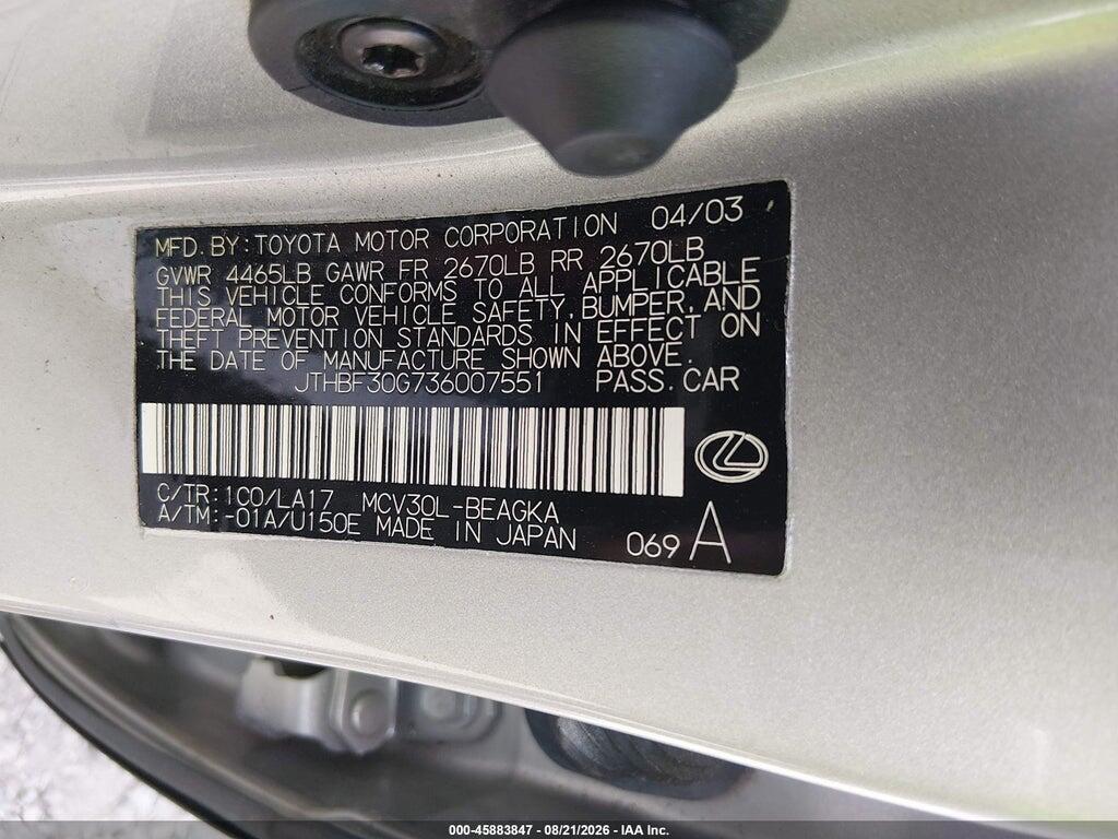 JTHBF30G736007551 2003 LEXUS ES 300 photo no. 9