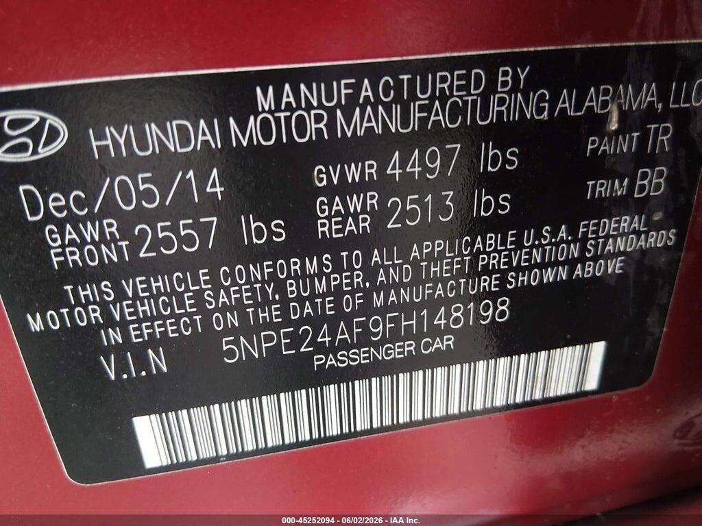 5NPE24AF9FH148198 2015 HYUNDAI SONATA photo no. 9