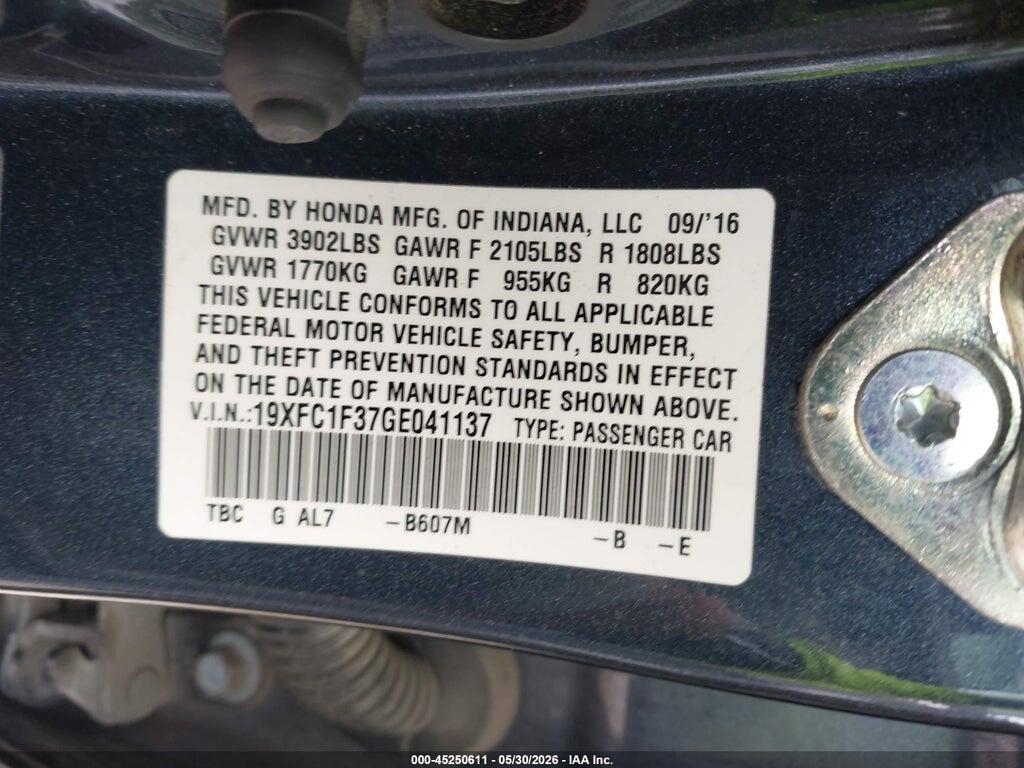 19XFC1F37GE041137 2016 HONDA CIVIC photo no. 9
