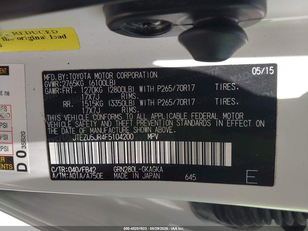 JTEZU5JR4F5104200 2015 TOYOTA 4RUNNER photo no. 9