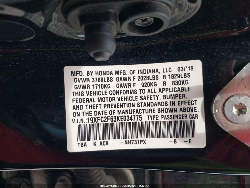 19XFC2F63KE034775 2019 HONDA CIVIC photo no. 9