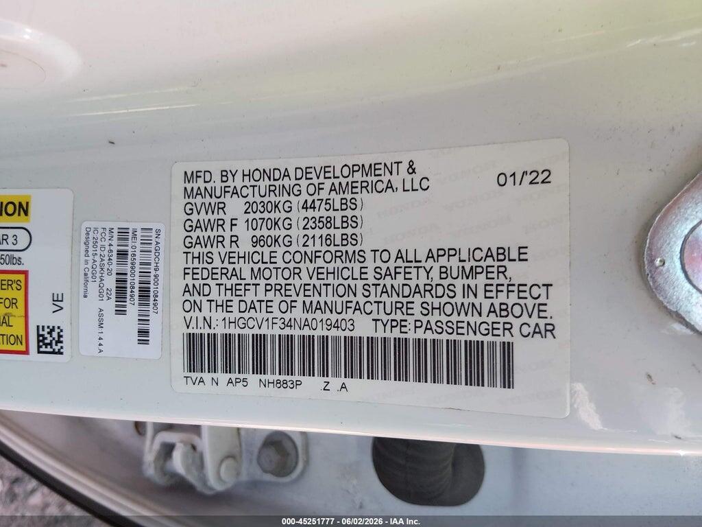 1HGCV1F34NA019403 2022 HONDA ACCORD photo no. 9