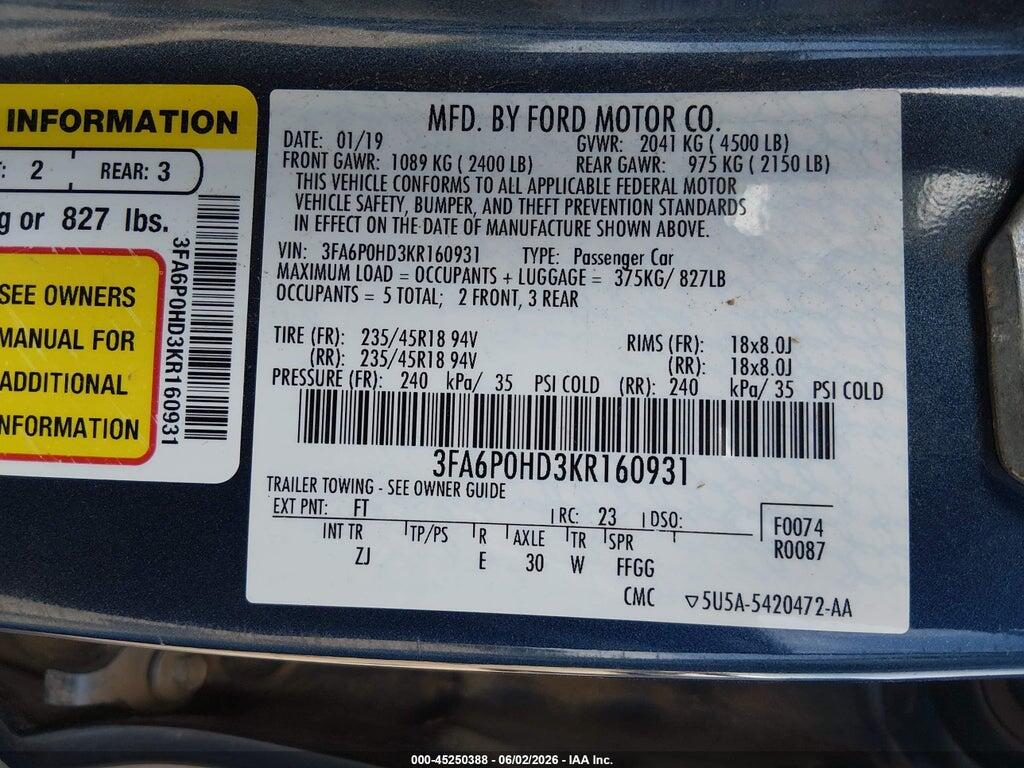 3FA6P0HD3KR160931 2019 FORD FUSION photo no. 9
