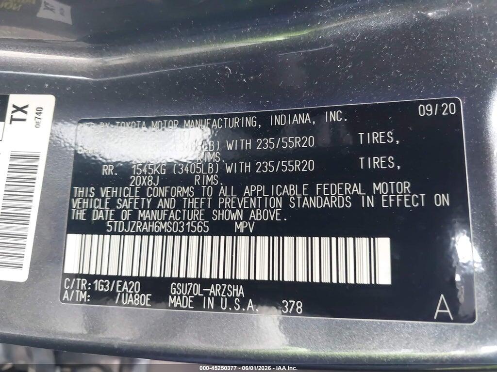5TDJZRAH6MS031565 2021 TOYOTA HIGHLANDER photo no. 9