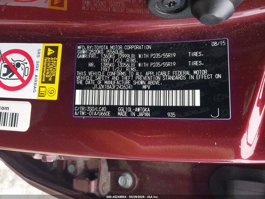 JTJZK1BA3F2426241 2015 LEXUS RX 350 photo no. 9