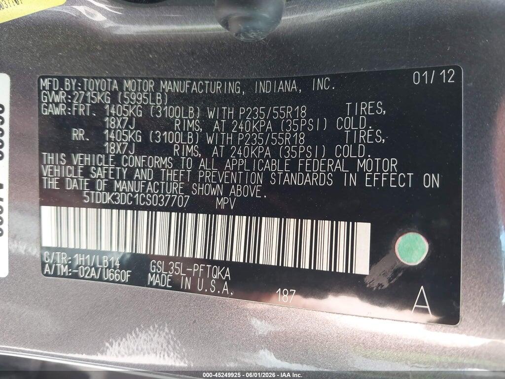 5TDDK3DC1CS037707 2012 TOYOTA SIENNA photo no. 9