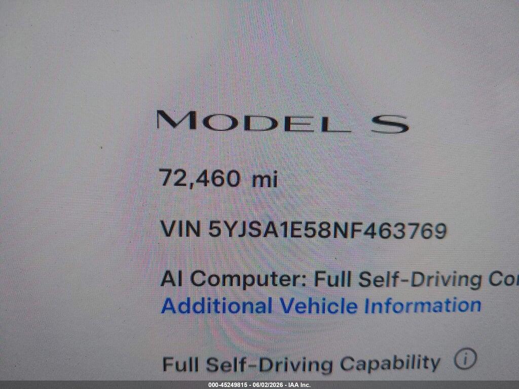 5YJSA1E58NF463769 2022 TESLA MODEL S photo no. 7