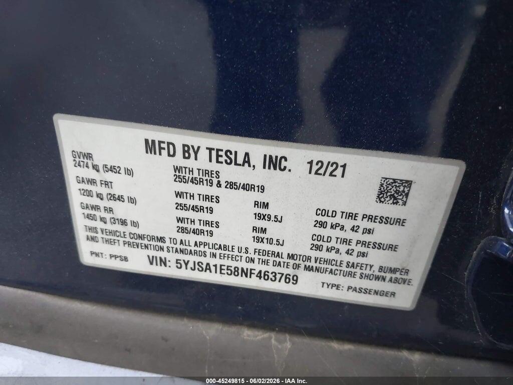 5YJSA1E58NF463769 2022 TESLA MODEL S photo no. 9