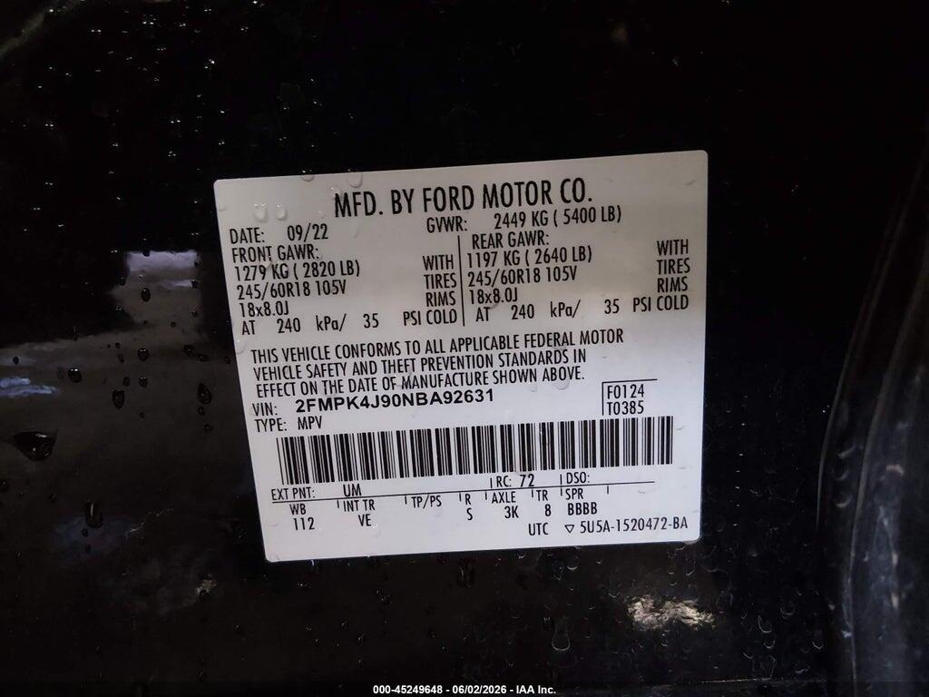 2FMPK4J90NBA92631 2022 FORD EDGE photo no. 9