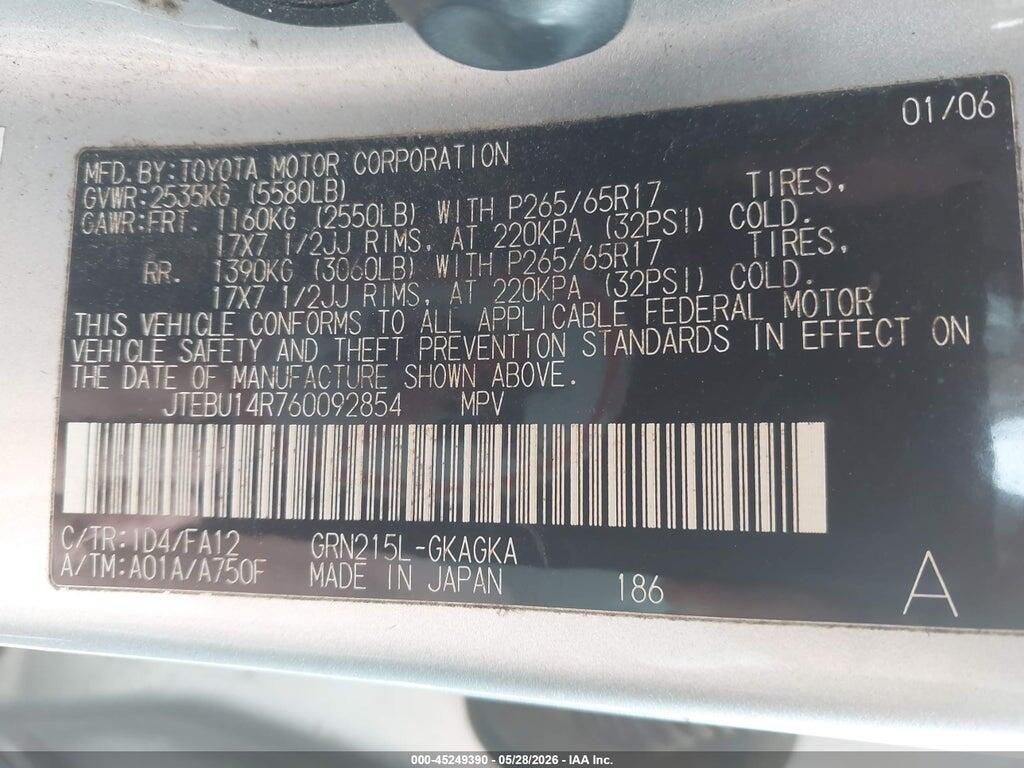 JTEBU14R760092854 2006 TOYOTA 4RUNNER photo no. 9