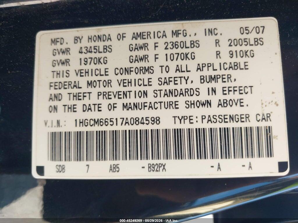 1HGCM66517A084598 2007 HONDA ACCORD photo no. 9