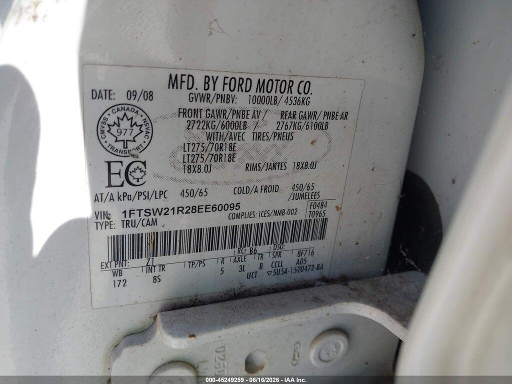 1FTSW21R28EE60095 2008 FORD F-250 photo no. 9