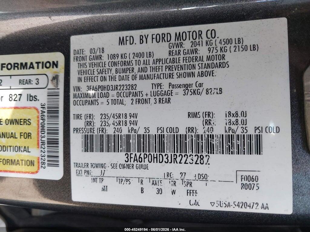 3FA6P0HD3JR223282 2018 FORD FUSION photo no. 9