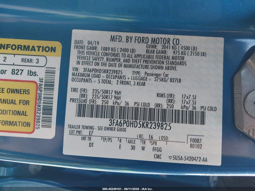 3FA6P0HD5KR239825 2019 FORD FUSION photo no. 9