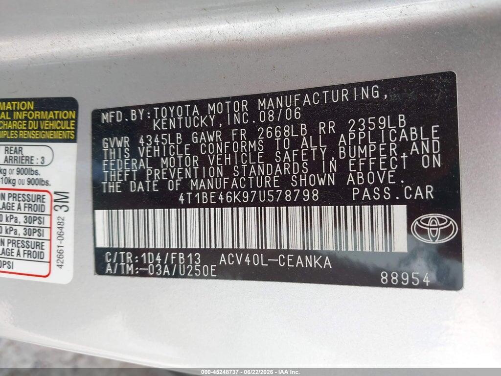 4T1BE46K97U578798 2007 TOYOTA CAMRY photo no. 9