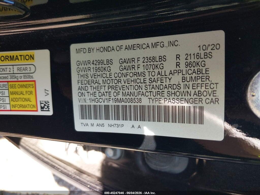 1HGCV1F19MA008538 2021 HONDA ACCORD photo no. 9