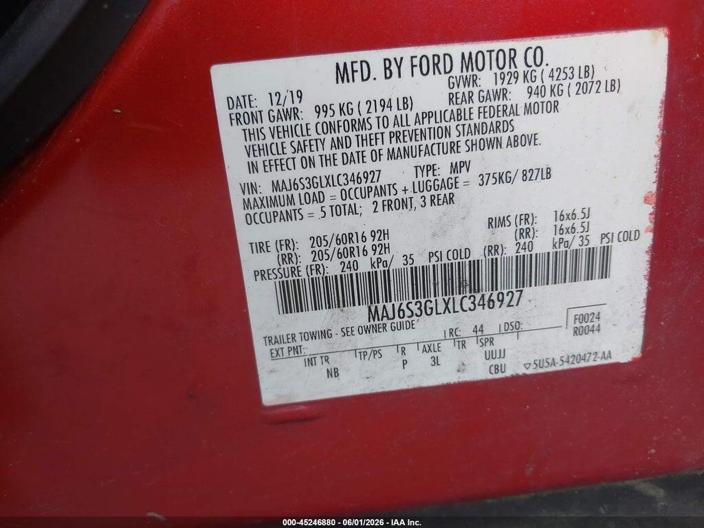 MAJ6S3GLXLC346927 2020 FORD ECOSPORT photo no. 9