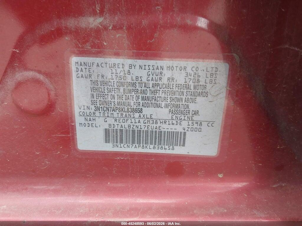 3N1CN7AP8KL838658 2019 NISSAN VERSA photo no. 9