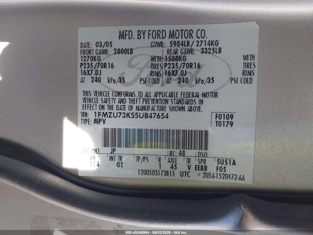 1FMZU73K55UB47654 2005 FORD EXPLORER photo no. 9
