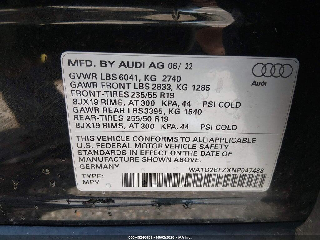 WA1G2BFZXNP047488 2022 AUDI Q4 E-TRON photo no. 9