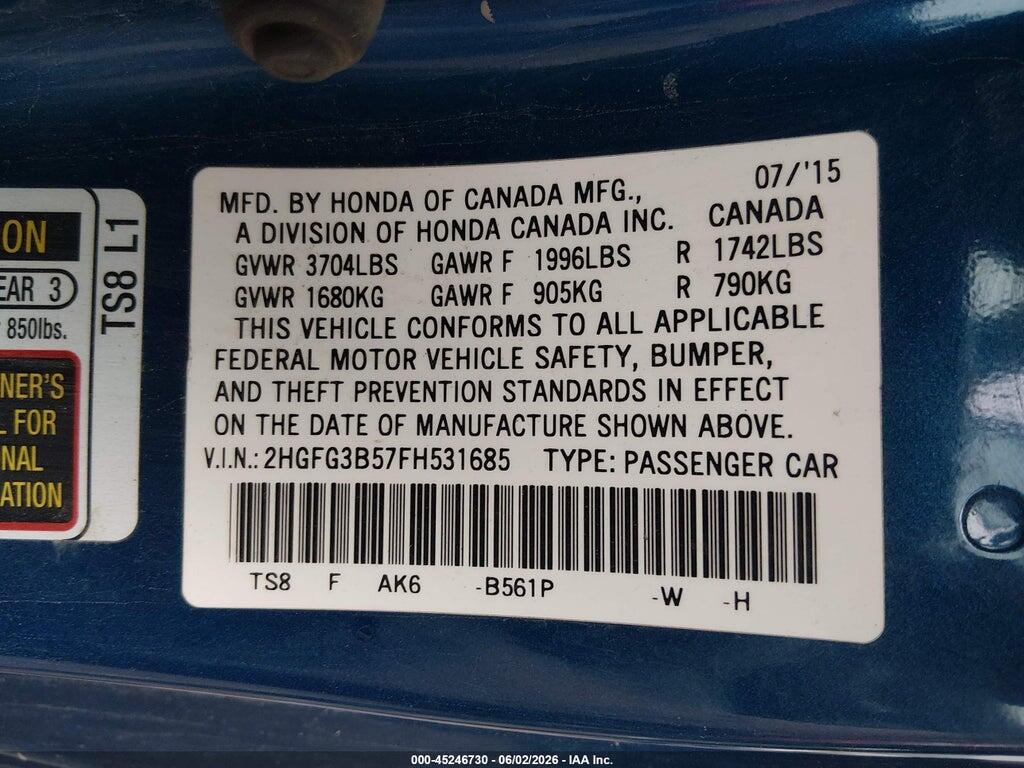 2HGFG3B57FH531685 2015 HONDA CIVIC photo no. 9