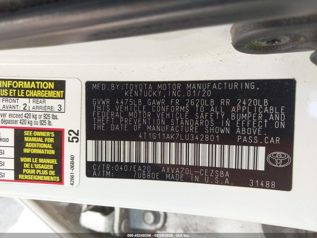 4T1G11AK7LU342801 2020 TOYOTA CAMRY photo no. 9
