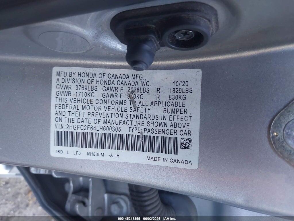 2HGFC2F64LH600305 2020 HONDA CIVIC photo no. 9