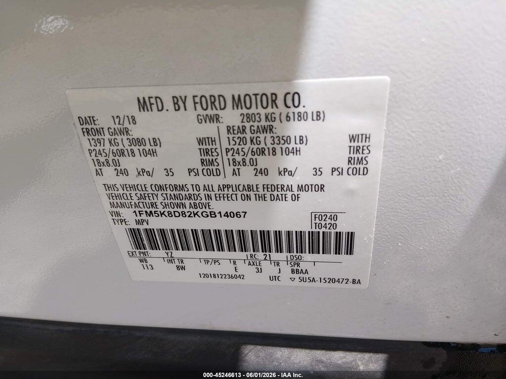 1FM5K8D82KGB14067 2019 FORD EXPLORER photo no. 9