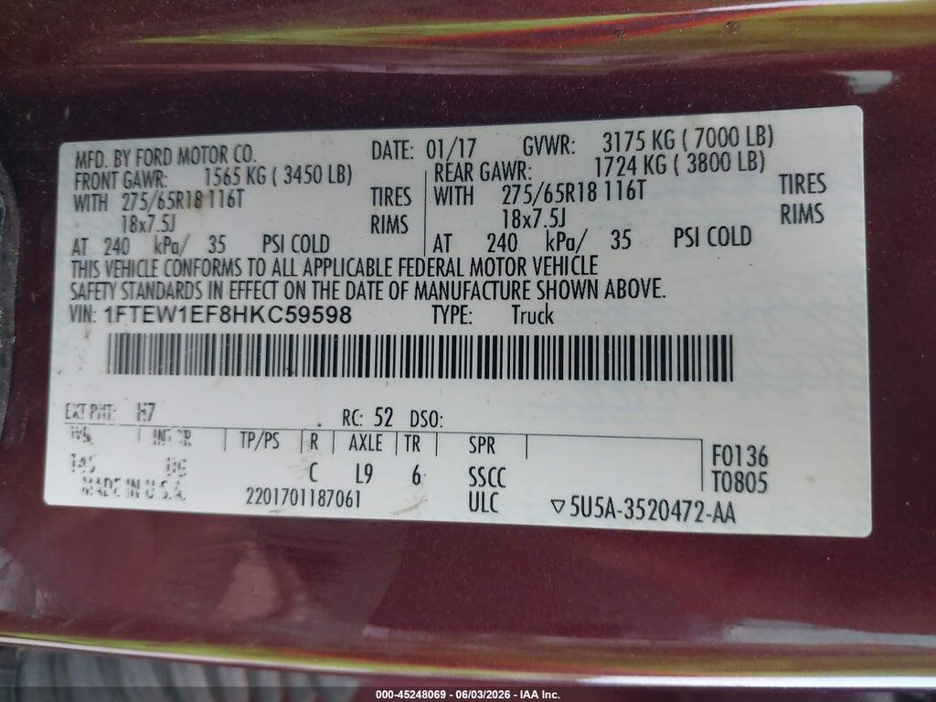 1FTEW1EF8HKC59598 2017 FORD F-150 photo no. 9