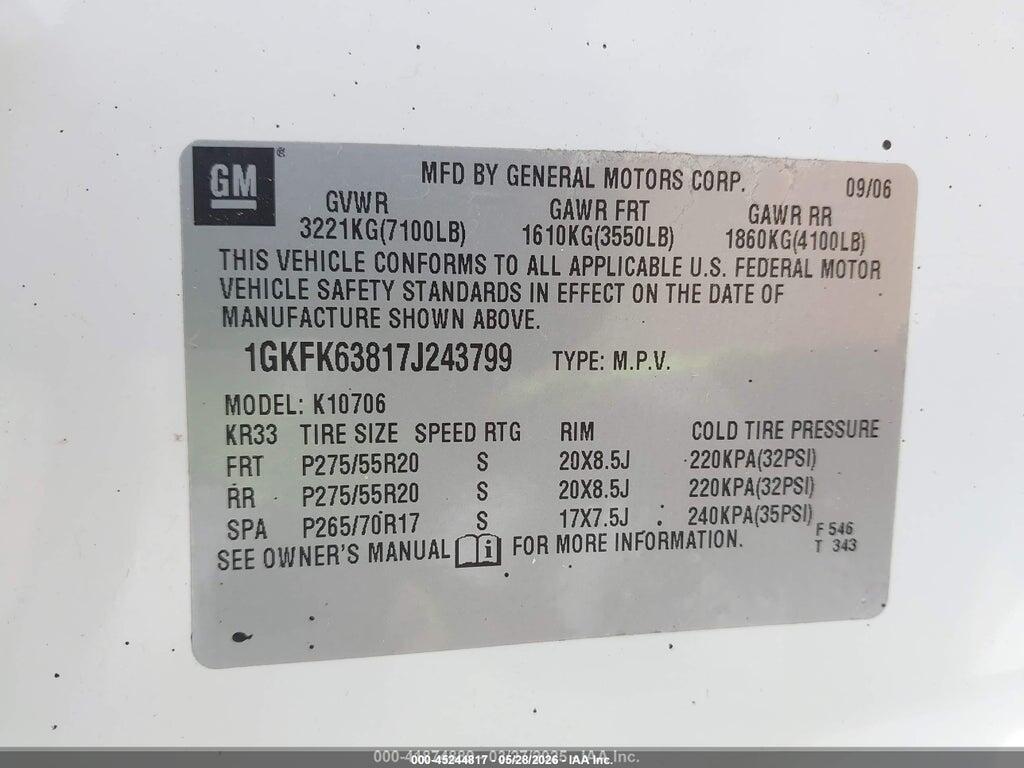 1GKFK63817J243799 2007 GMC YUKON photo no. 9