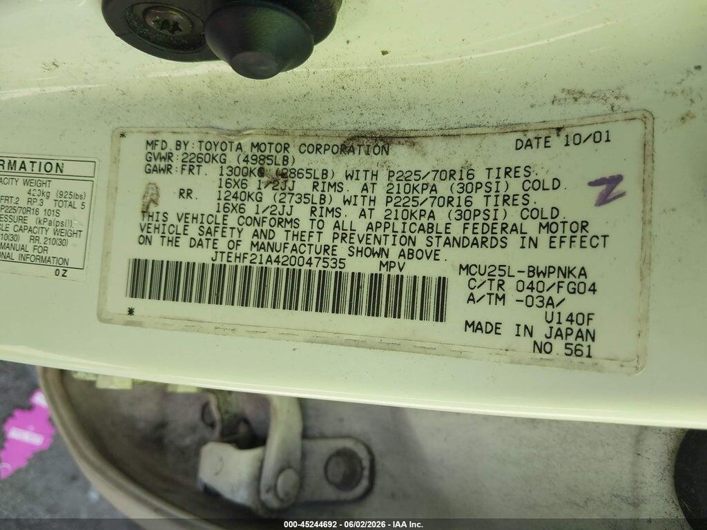 JTEHF21A420047535 2002 TOYOTA HIGHLANDER photo no. 9