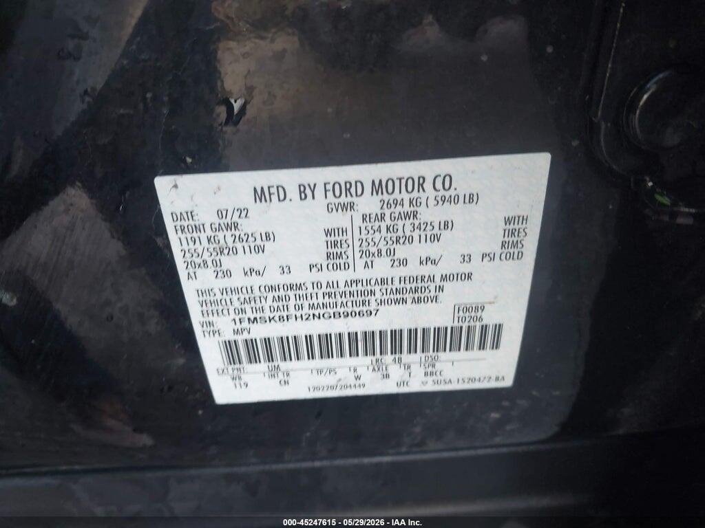 1FMSK8FH2NGB90697 2022 FORD EXPLORER photo no. 9