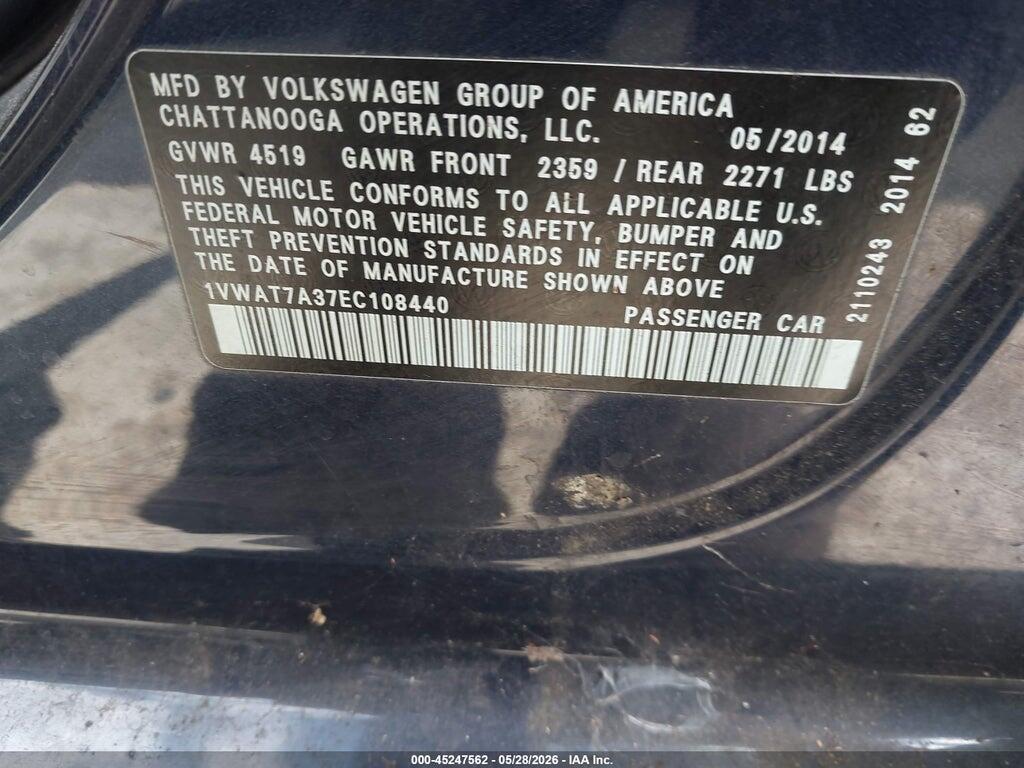 1VWAT7A37EC108440 2014 VOLKSWAGEN PASSAT photo no. 9