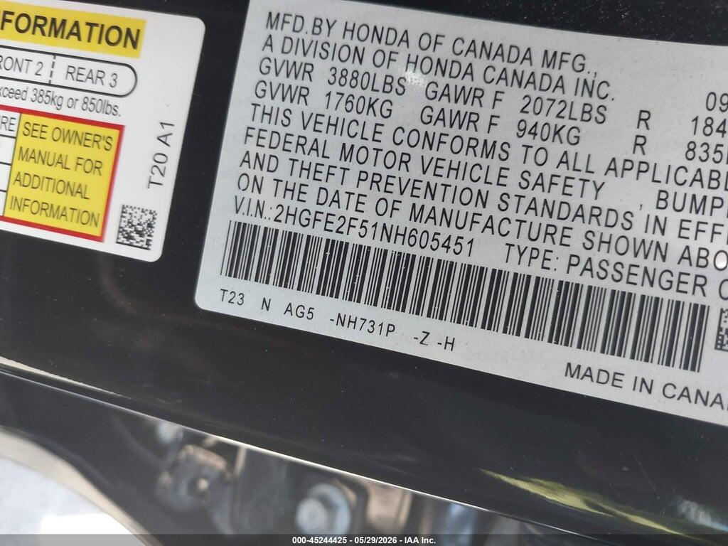 2HGFE2F51NH605451 2022 HONDA CIVIC photo no. 9