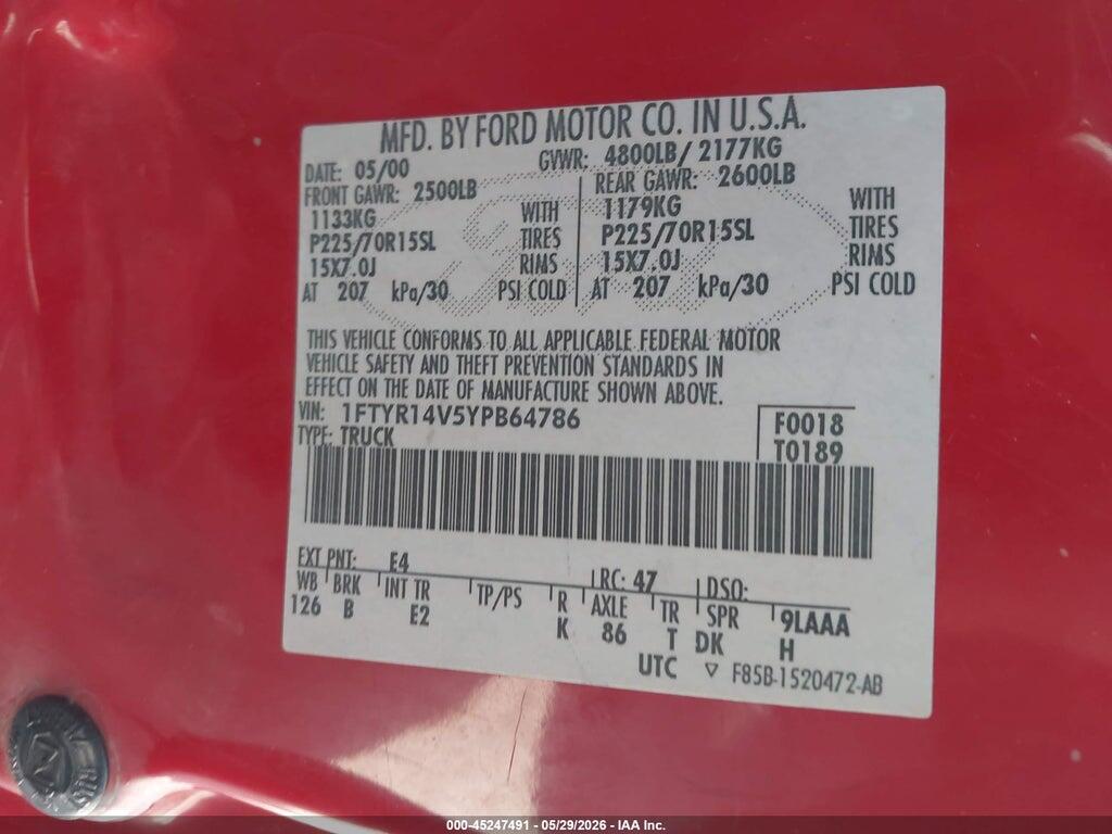 1FTYR14V5YPB64786 2000 FORD RANGER photo no. 9