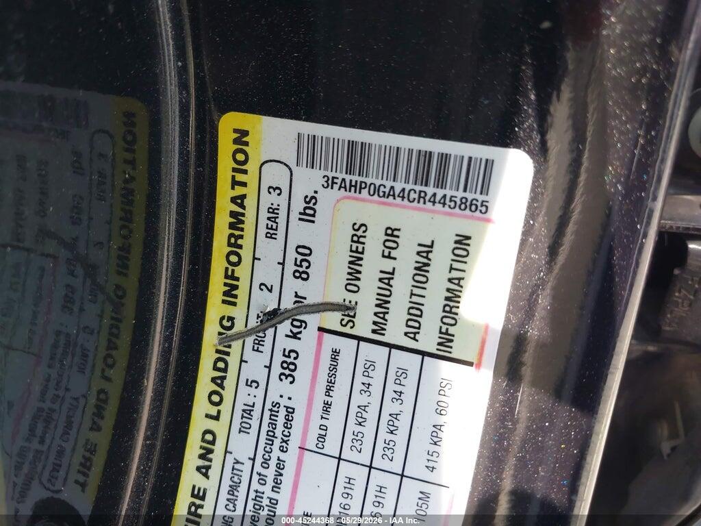 3FAHP0GA4CR445865 2012 FORD FUSION photo no. 9