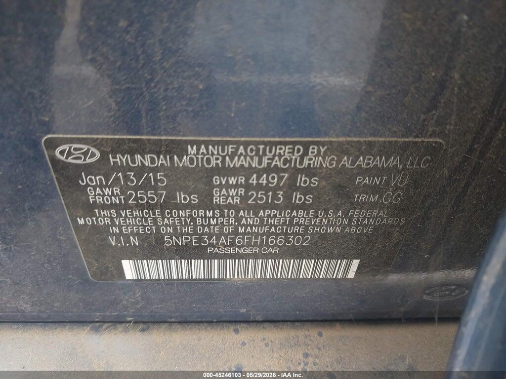 5NPE34AF6FH166302 2015 HYUNDAI SONATA photo no. 9