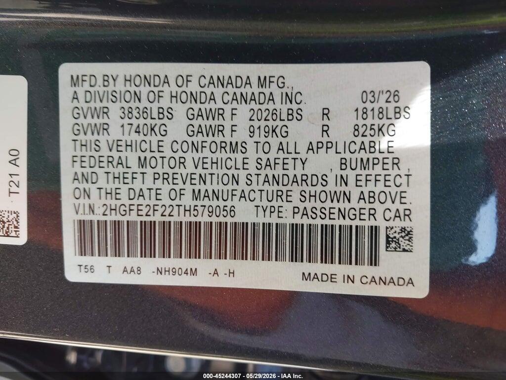 2HGFE2F22TH579056 2026 HONDA CIVIC photo no. 9
