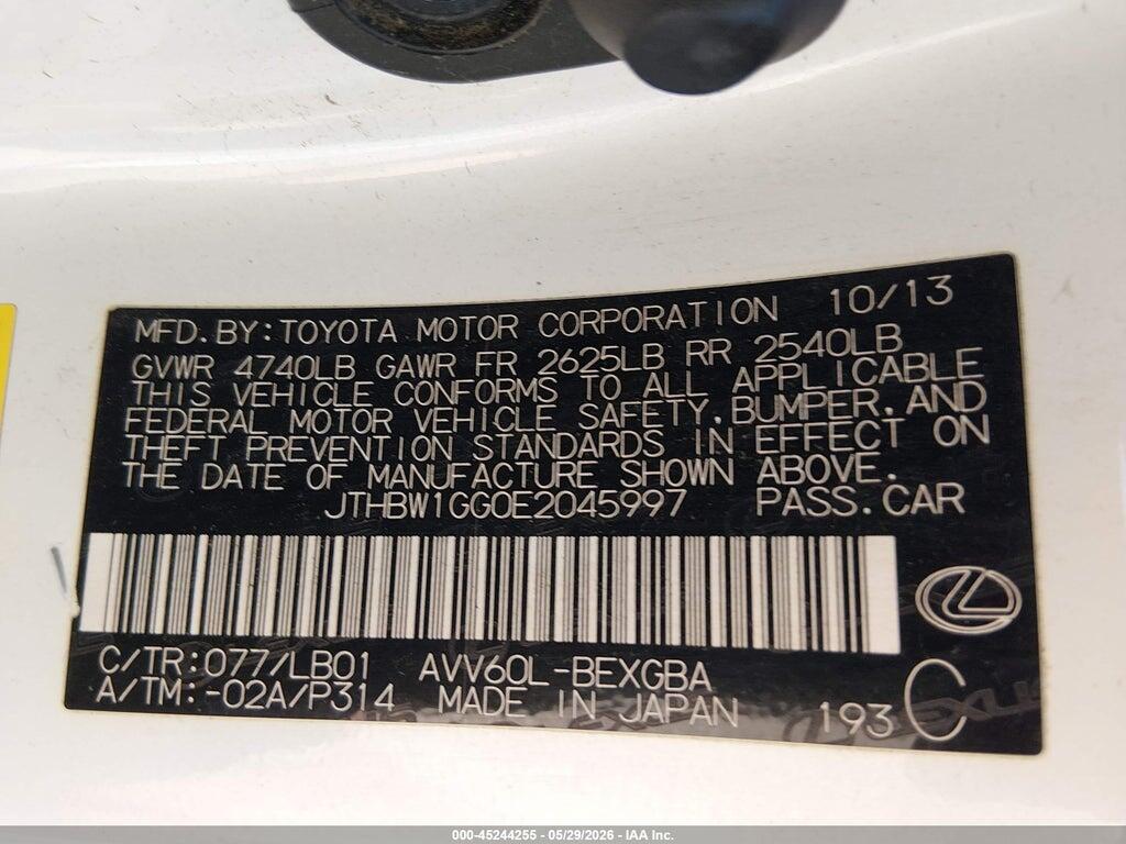 JTHBW1GG0E2045997 2014 LEXUS ES 300H photo no. 9