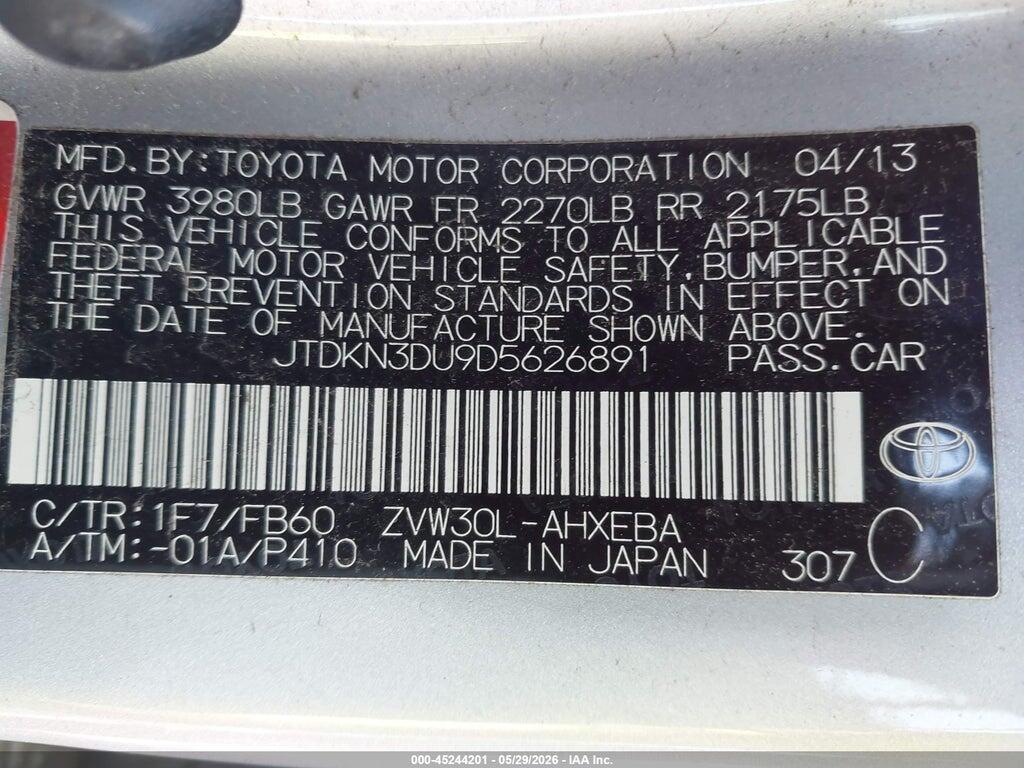 JTDKN3DU9D5626891 2013 TOYOTA PRIUS photo no. 9