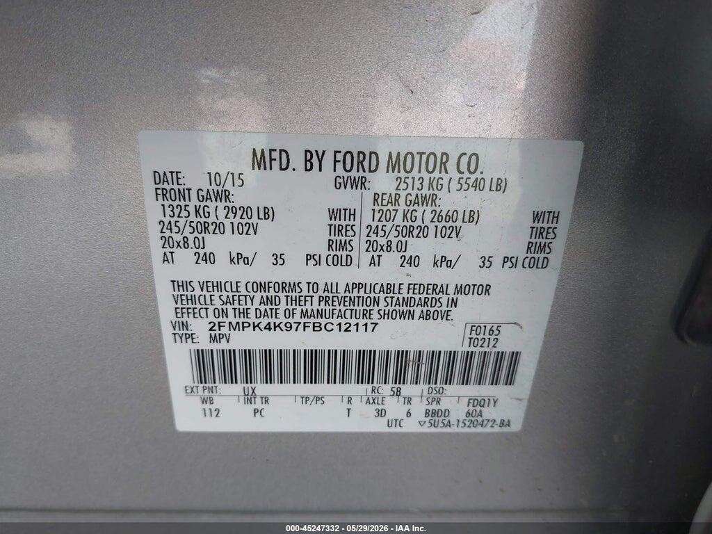 2FMPK4K97FBC12117 2015 FORD EDGE photo no. 9